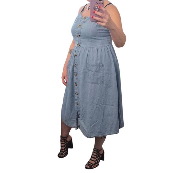 VTG 90s Blue Denim Button Front XL Midi Sundress Jumper with Pockets - Picture 10 of 14